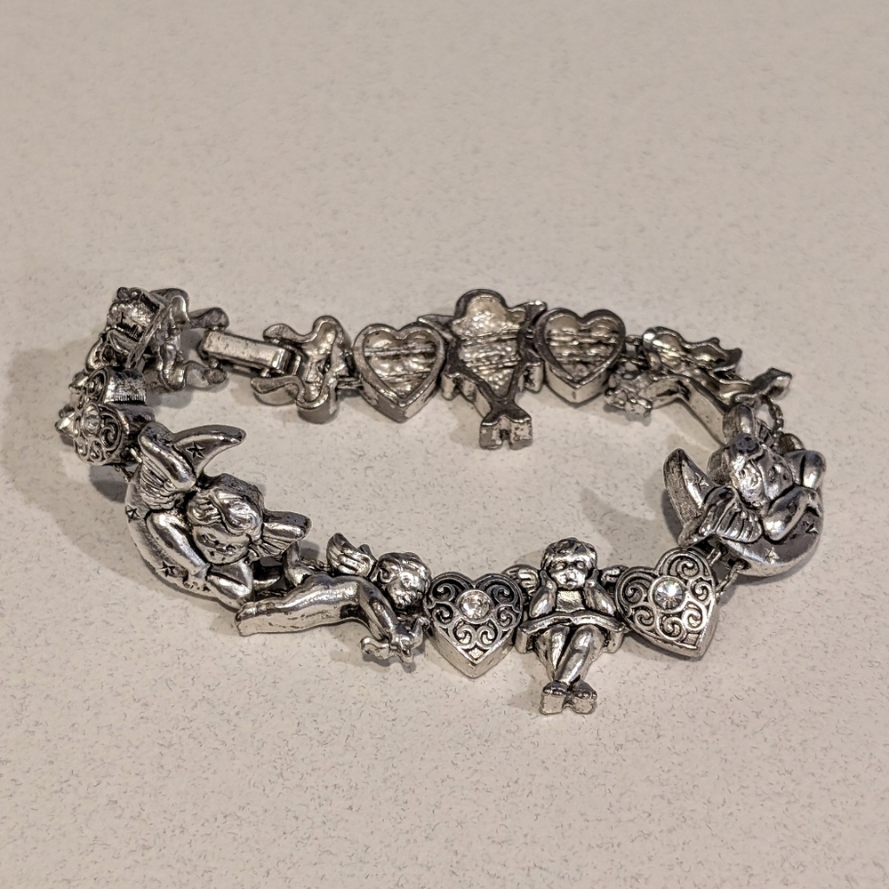 Vintage Cherub Heart Moon Cupid Slide Charm Bracelet Silver Tone 8"